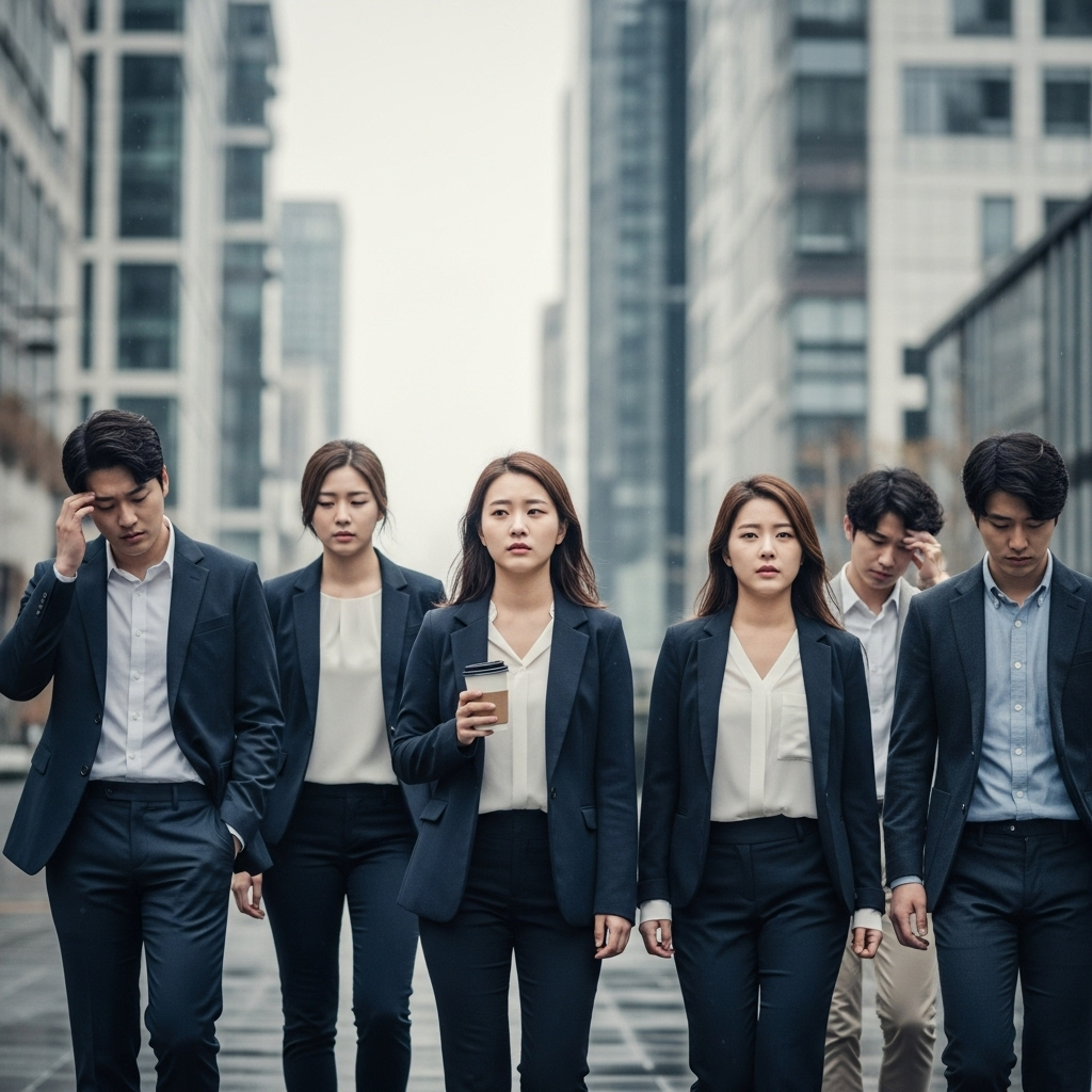 A group of Korean people in a modern city setting, looking visibly fatigued, stressed, and lacking energy. The background is muted and grey, emphasizing the lack of nature. Style: somber lifestyle photography, no text.