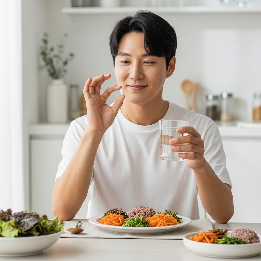 A healthy Korean person is taking a supplement with a glass of water after a balanced meal. The setting is bright and clean, emphasizing a healthy lifestyle. Lifestyle photography style. No text.