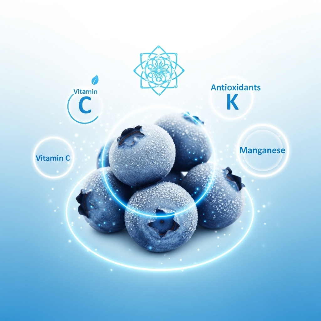clean infographic showing frozen blueberries, nutritional elements like vitamins and antioxidants glowing around them, fresh and bright style, no text