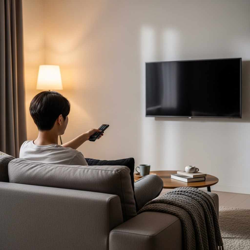 A Korean person sitting on a sofa, pressing a remote control to turn on a TV. Living room setting, comfortable and relaxed atmosphere. lifestyle photography. No text.