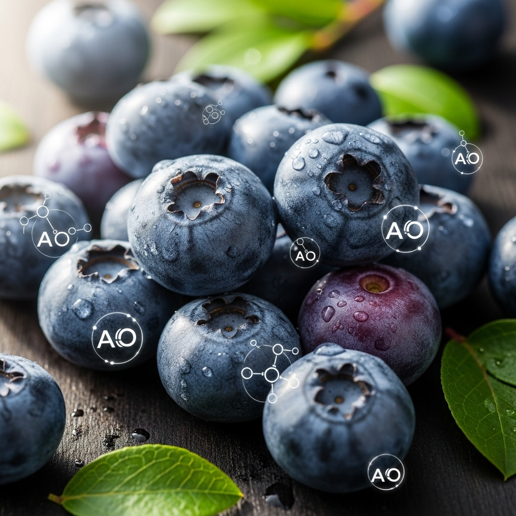 close-up of ripe blueberries with antioxidant symbols, fresh look, natural lighting