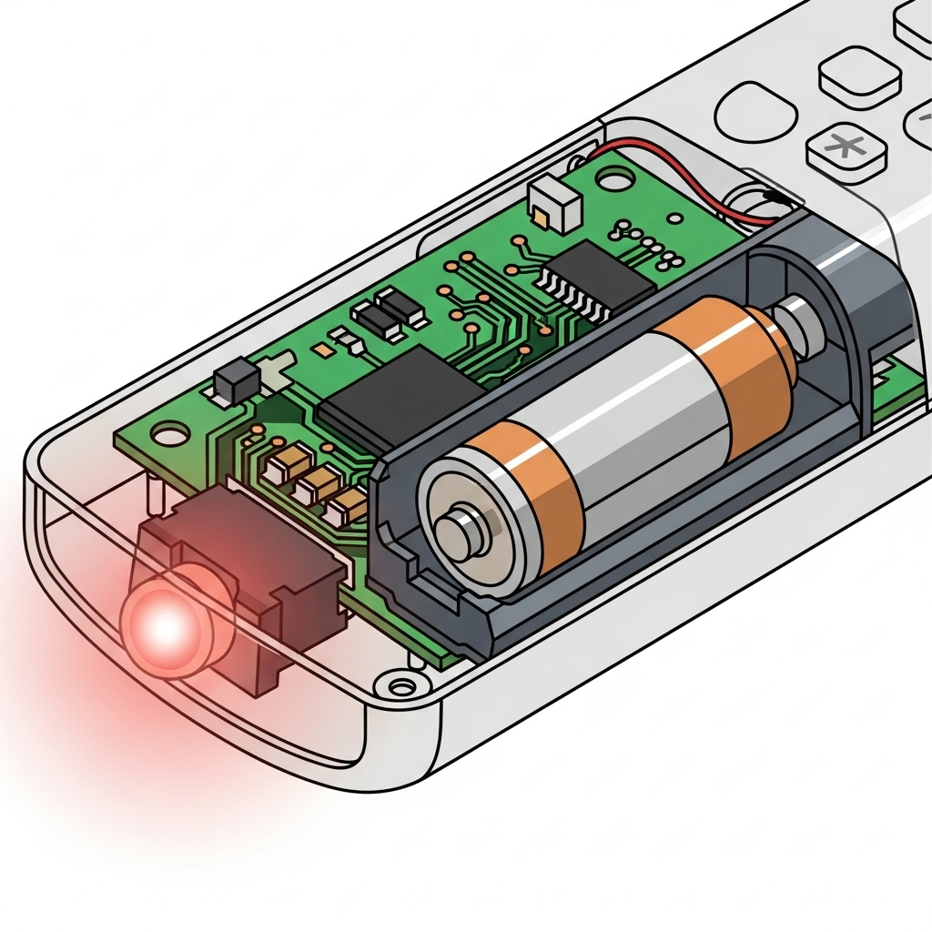An internal view of a remote control, showing the circuit board, battery, and a glowing infrared LED at the front. Clean infographic style. No text.
