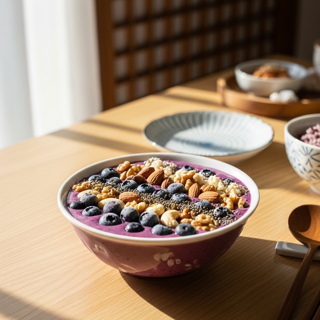 lifestyle photo of smoothie bowl with frozen blueberries and nuts on a bright breakfast table, Korean home setting, no text