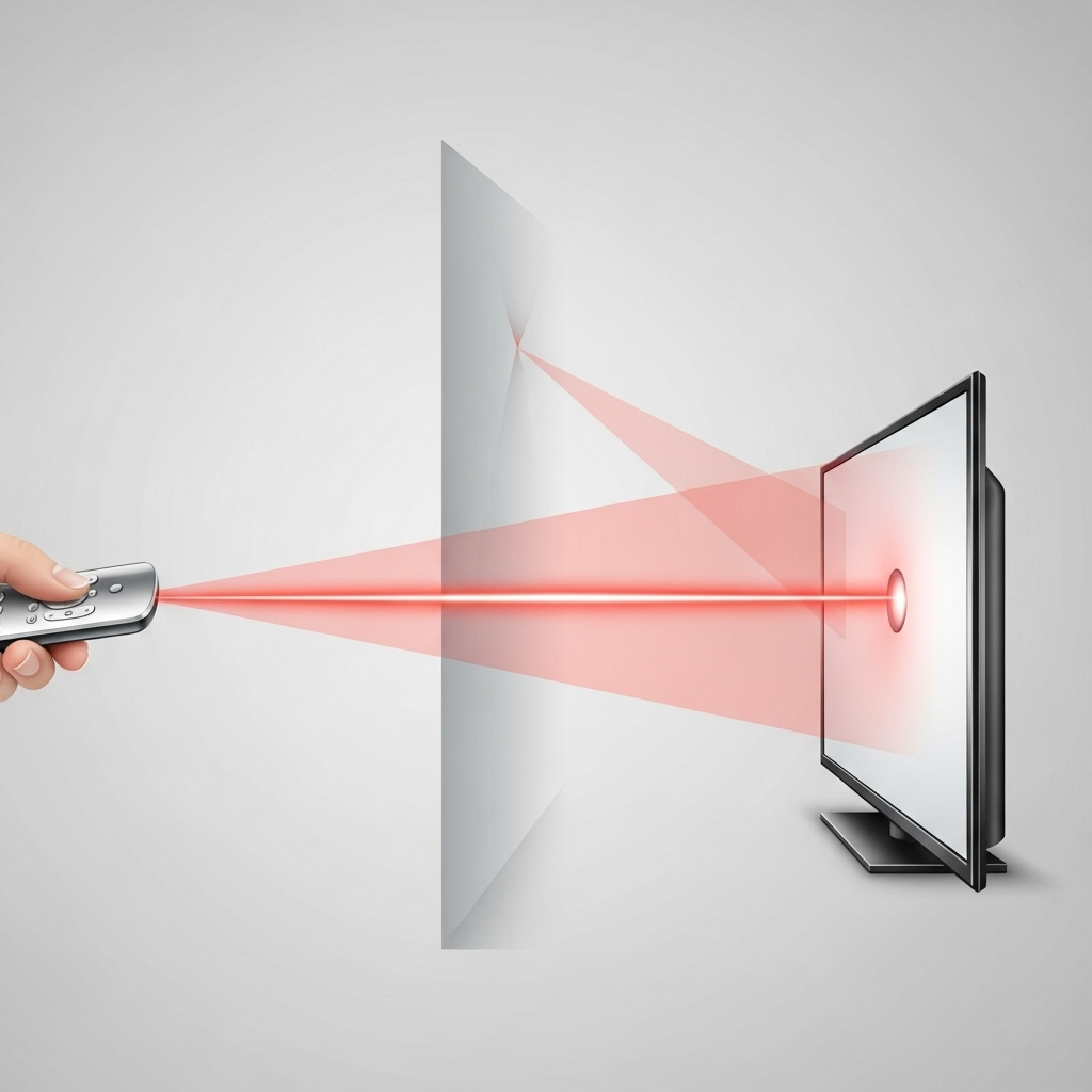 An animated infographic showing an infrared beam emitted from a remote control, traveling in a straight line towards a TV's sensor. The beam can slightly reflect off a wall. Clean and clear infographic. No text.