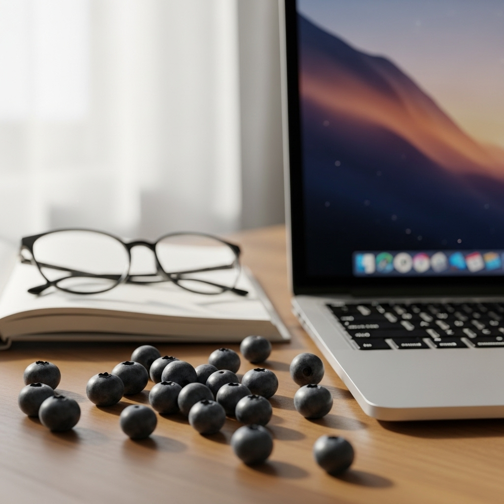 close-up of blueberries beside a computer and glasses in soft daylight, lifestyle desk setup, no text