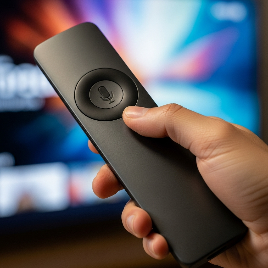 A modern smart remote control with a microphone icon, suggesting voice recognition. A Korean hand is holding it, with a smart TV screen blurred in the background. Lifestyle photography. No text.
