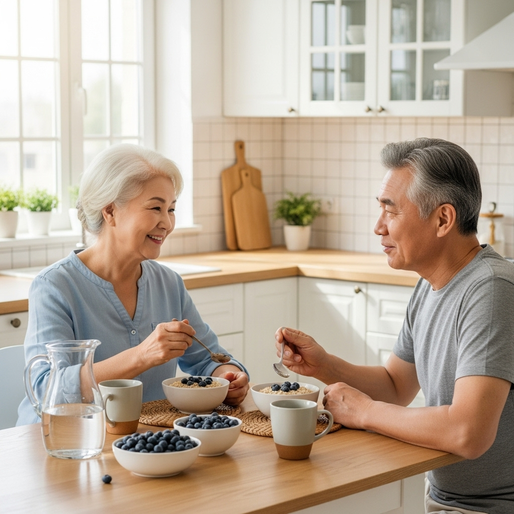 elderly Korean couple enjoying healthy breakfast with blueberries, bright kitchen atmosphere, no text