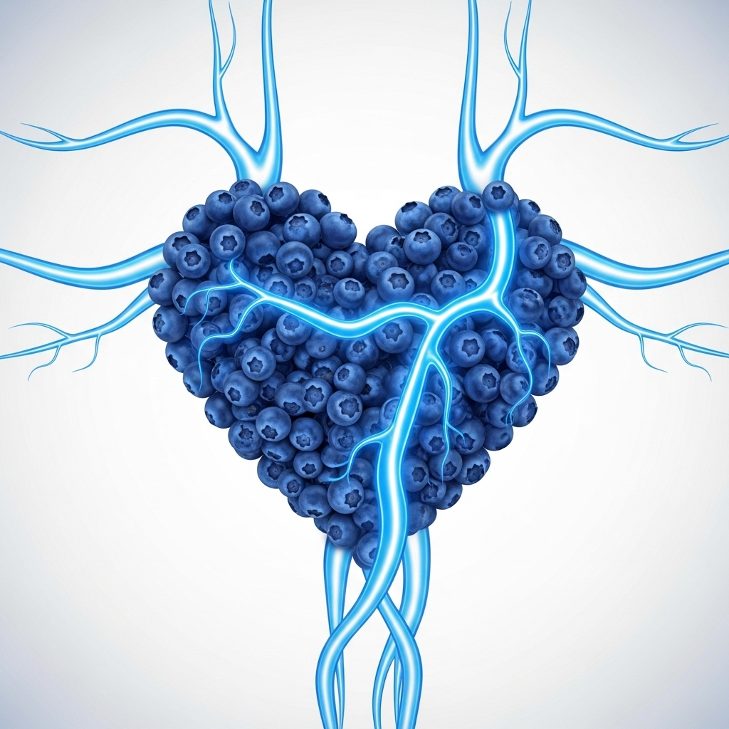clean medical infographic showing heart shape made from blueberries, arteries glowing, clear white background, no text