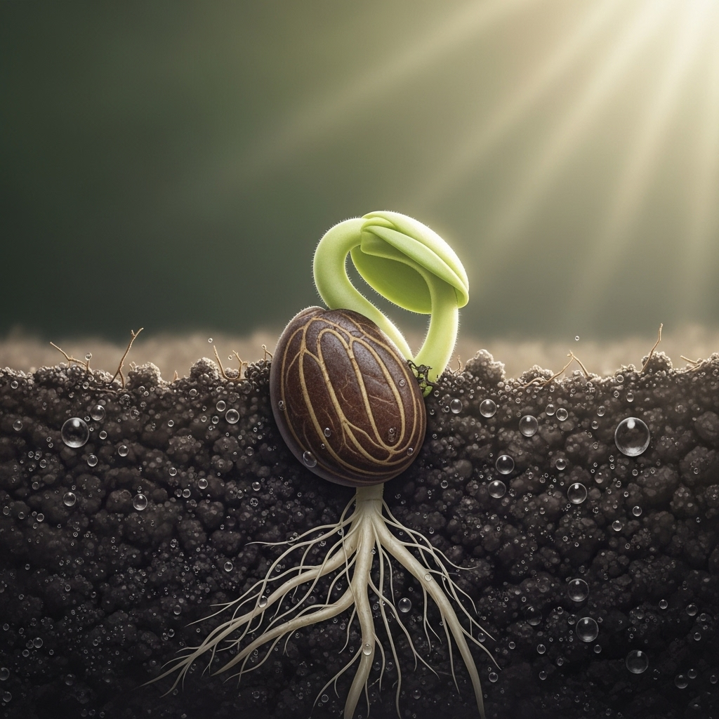 close-up of a small seed sprouting in moist soil under soft sunlight, natural colors, clean botanical illustration, no text