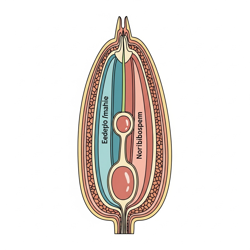 cutaway infographic of a seed showing seed coat, embryo, and endosperm, clean educational infographic style, no text