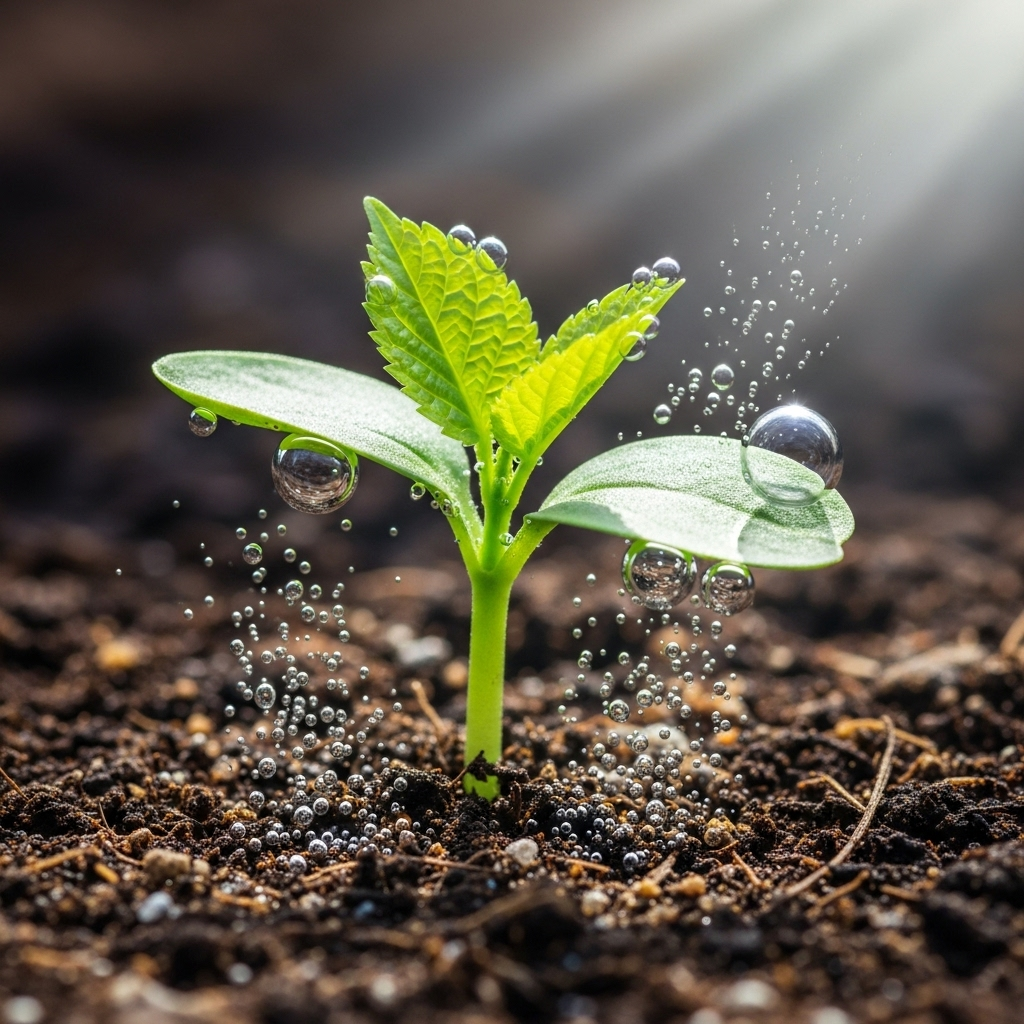 young green plant on soil receiving sunlight, air bubbles symbolizing oxygen and carbon dioxide exchange, realistic style, no text
