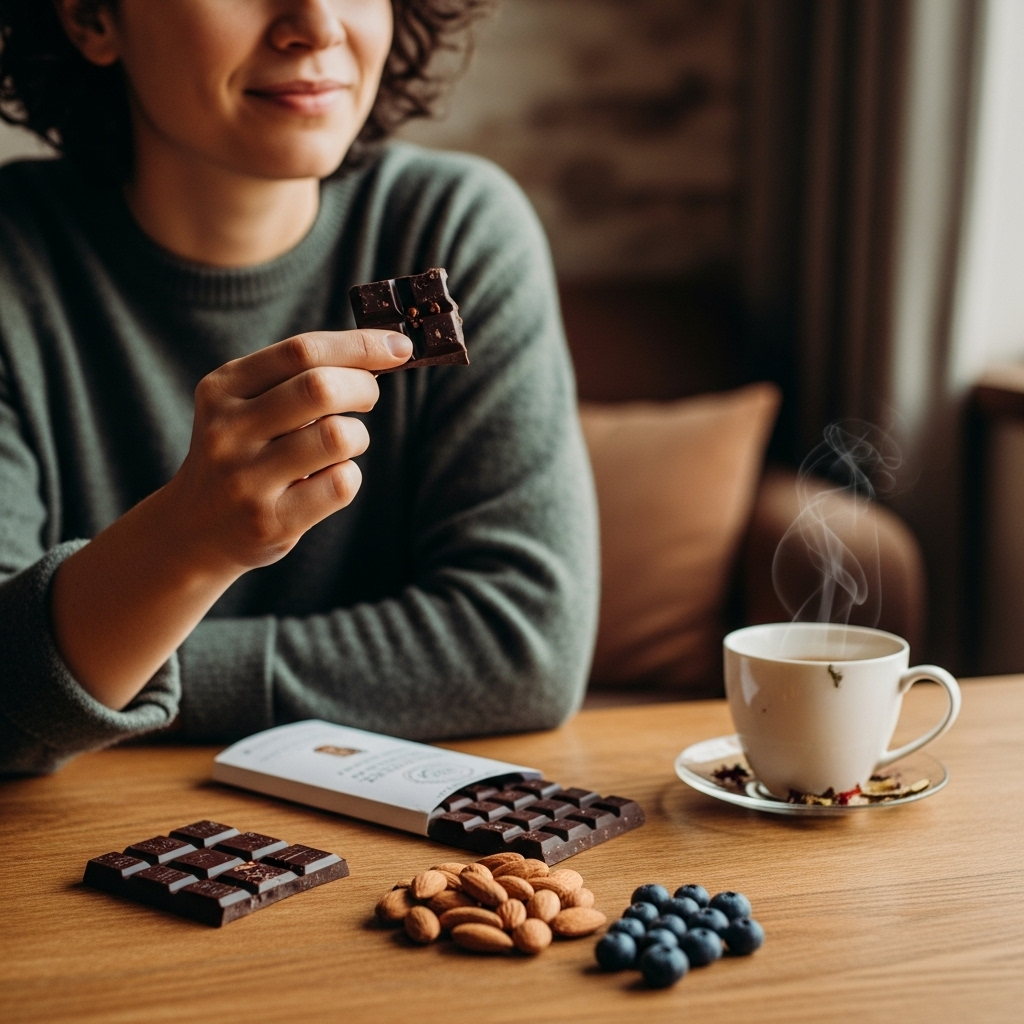lifestyle photo of person enjoying dark chocolate with heart health concept, warm tone, natural lighting, no text