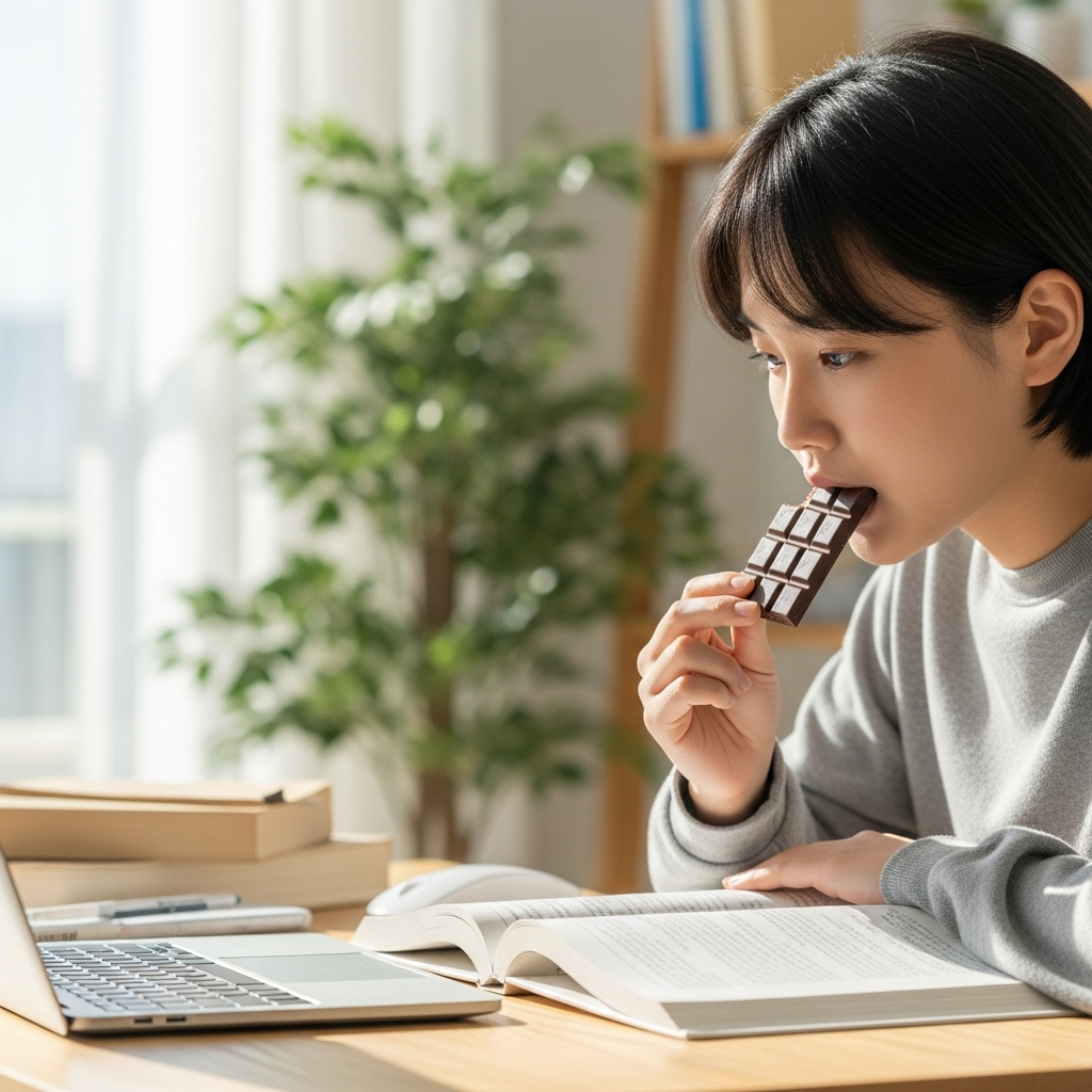 Korean student eating dark chocolate while studying, bright indoor lighting, natural background, no text