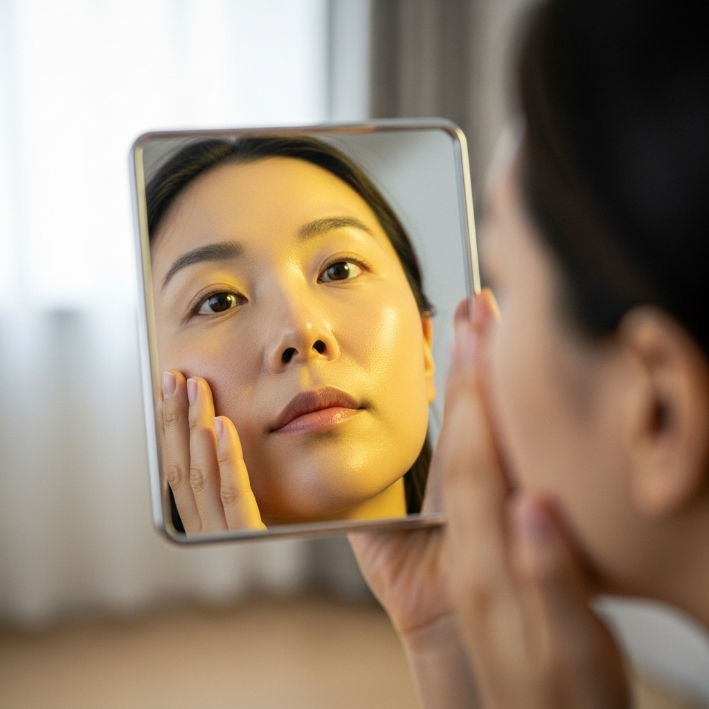 close-up lifestyle photo of a Korean person checking their face color in a mirror under natural indoor lighting, realistic skin tones, subtle yellow hue, no text