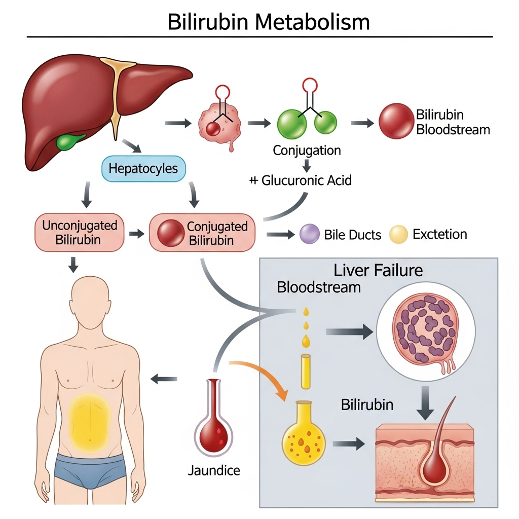 clean infographic showing bilirubin metabolism in liver and how failure causes yellow skin, labeled diagram style, no text