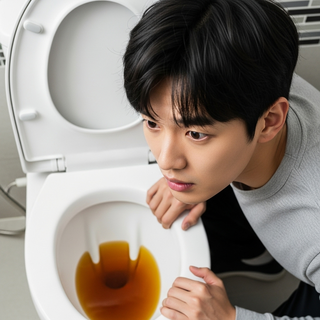realistic close-up of a bathroom scene with a Korean person noticing dark-colored urine in toilet bowl, clean lighting, no text