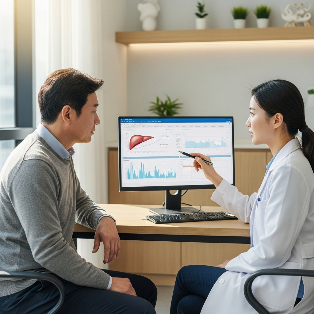 lifestyle photography of Korean patient consulting doctor, discussing liver test results in clinic environment, natural lighting, no text