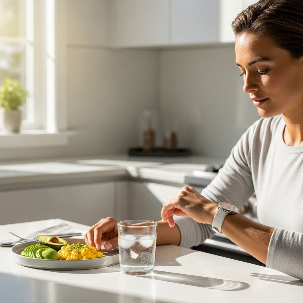 A clean lifestyle photography showing a healthy person checking time on their watch next to a glass of water and simple meal setup, natural morning lighting, modern kitchen background, no text