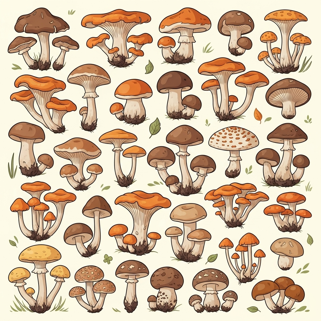 A vibrant, detailed infographic showing various types of mushrooms in different colors and shapes, illustrating their diversity. Clean lines, bright colors, natural context. No text.