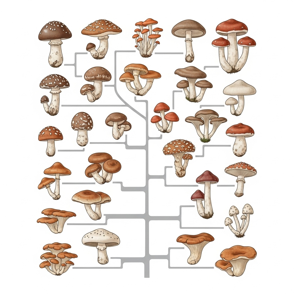A clean, scientific infographic illustrating the classification of fungi, showing a wide range of mushroom types from common edibles to rare ones, with intricate details. No text.