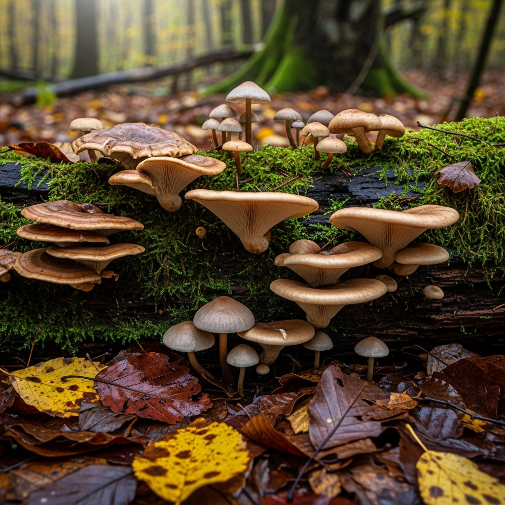 Lifestyle photography of mushrooms growing on decaying wood and fallen leaves in a forest, emphasizing their role as decomposers in the ecosystem. Soft, natural lighting. No text.