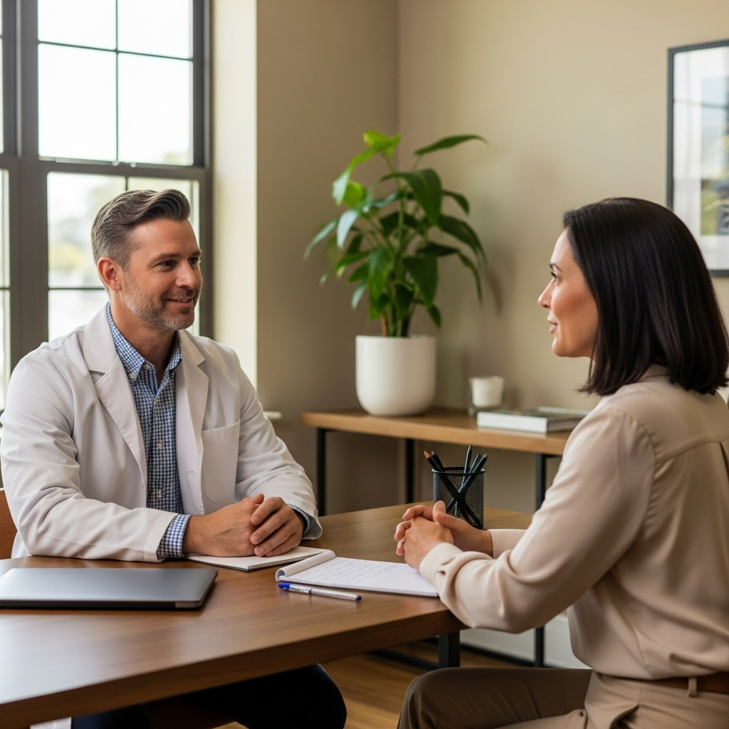A healthcare professional consulting with a patient about intermittent fasting, medical office setting, professional atmosphere, natural lighting, no text