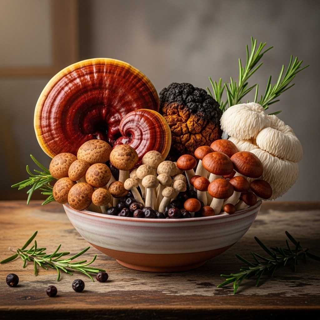 A beautiful, artistic still life photography of various medicinal mushrooms (like Reishi, Chaga, Lion's Mane) neatly arranged in an elegant bowl, with a warm, healthy ambiance. No text.