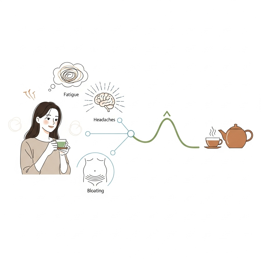 An infographic showing various subtle symptoms of chronic inflammation like fatigue, headaches, and bloating, connecting them to the idea of reducing inflammation with a healthy habit like drinking tea. Clean infographic style, no text in image, Korean model.