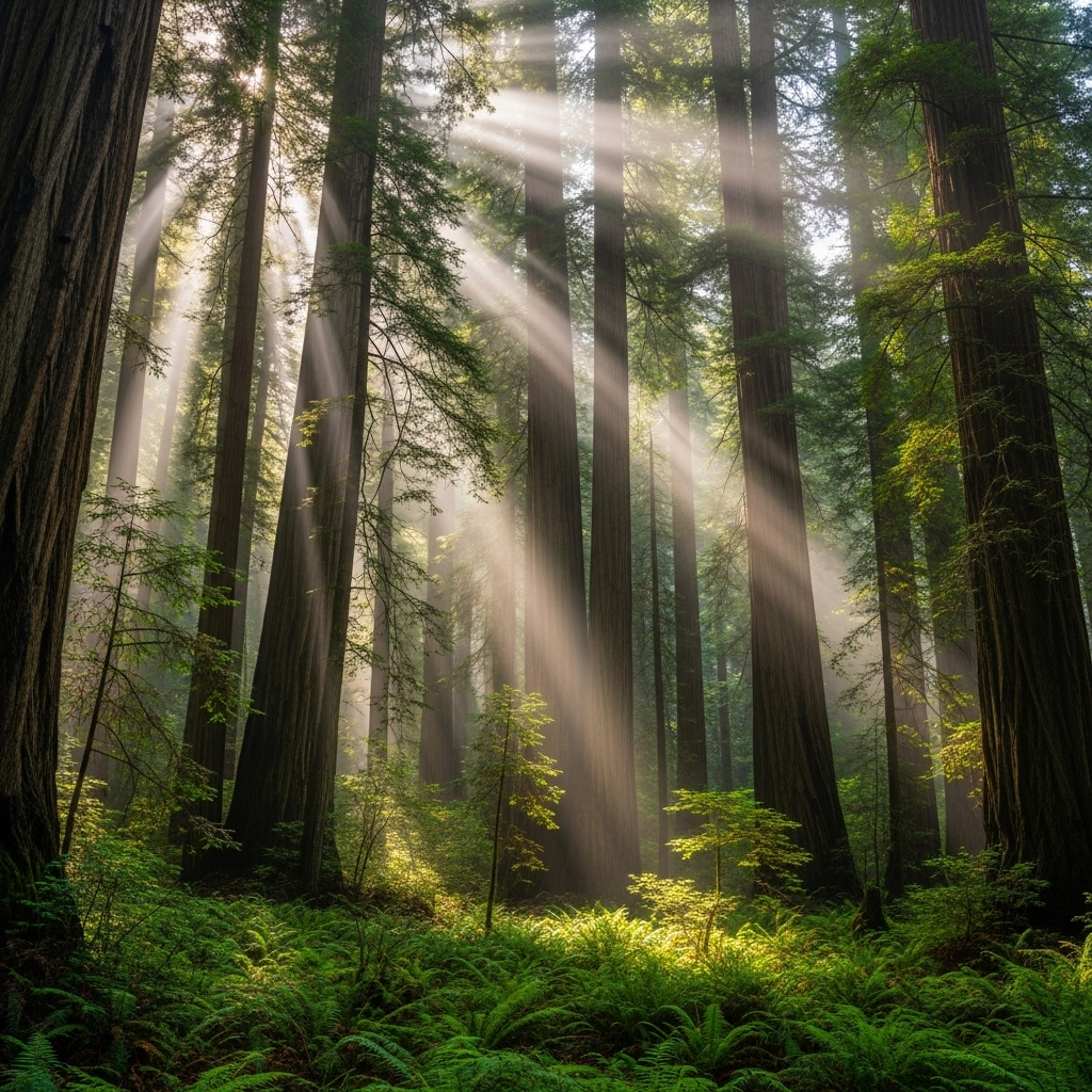 Dense redwood forest in California national park with towering trees creating cathedral-like atmosphere. Sunbeams filtering through tall canopy, misty morning light, forest floor covered with ferns. Peaceful and mysterious ambiance. No text.