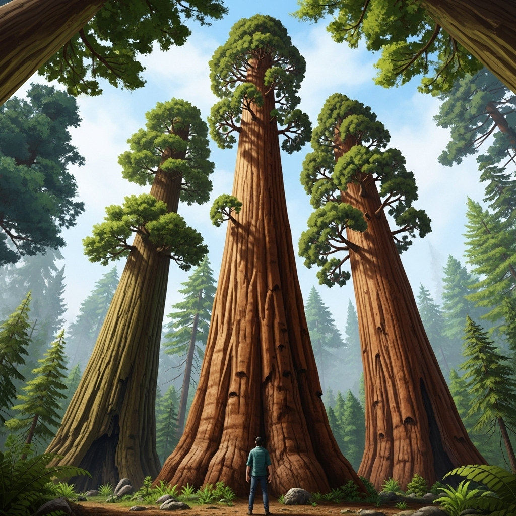 Visual comparison of world's tallest trees showing their impressive heights against human scale. Multiple giant redwood and sequoia trees in natural forest setting with clear size perspective. Realistic illustration style with natural lighting. No text.