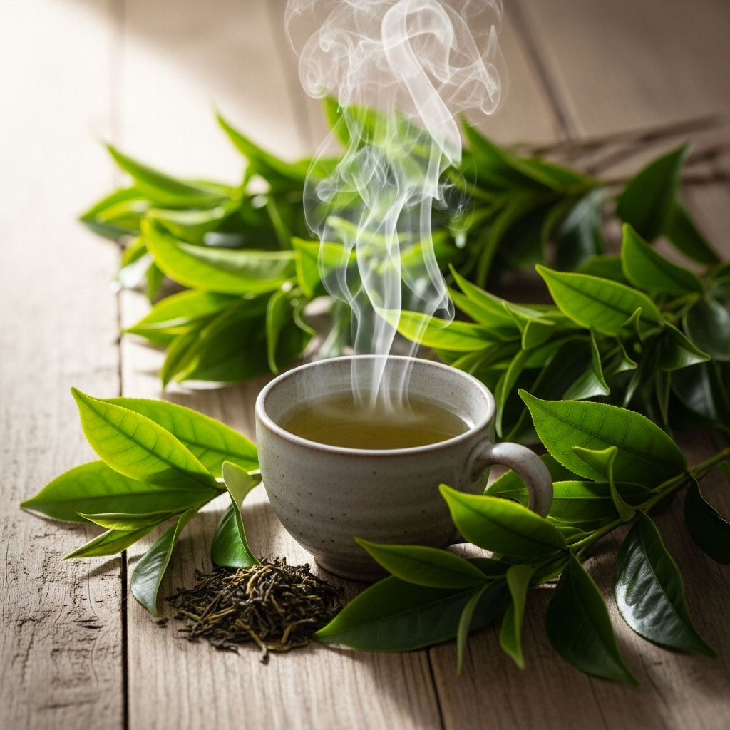 A steaming cup of green tea surrounded by fresh, vibrant green tea leaves on a rustic wooden surface, illuminated by soft, natural light. Lifestyle photography, no text in image, Korean style.