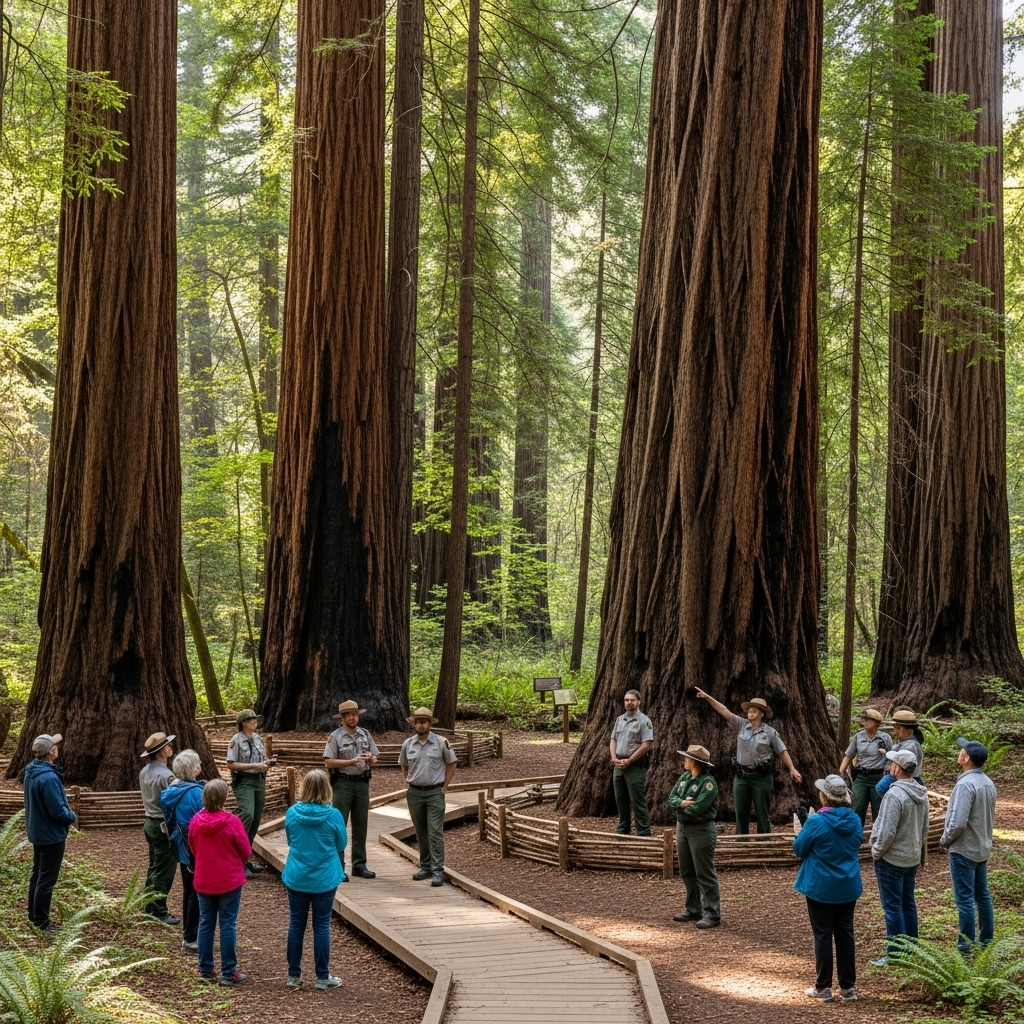 Protected giant redwood trees in national park with conservation efforts visible. Park rangers and visitors observing the majestic trees respectfully. Peaceful forest environment showing harmony between nature and human protection efforts. No text.