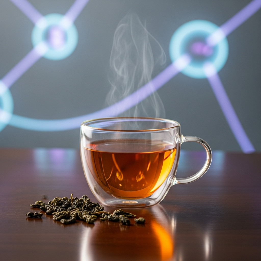 A clear glass cup of warm oolong tea on a dark wooden table, with scattered dried oolong tea leaves and a subtle background suggesting metabolism or health benefits. Lifestyle photography, no text in image, Korean style.
