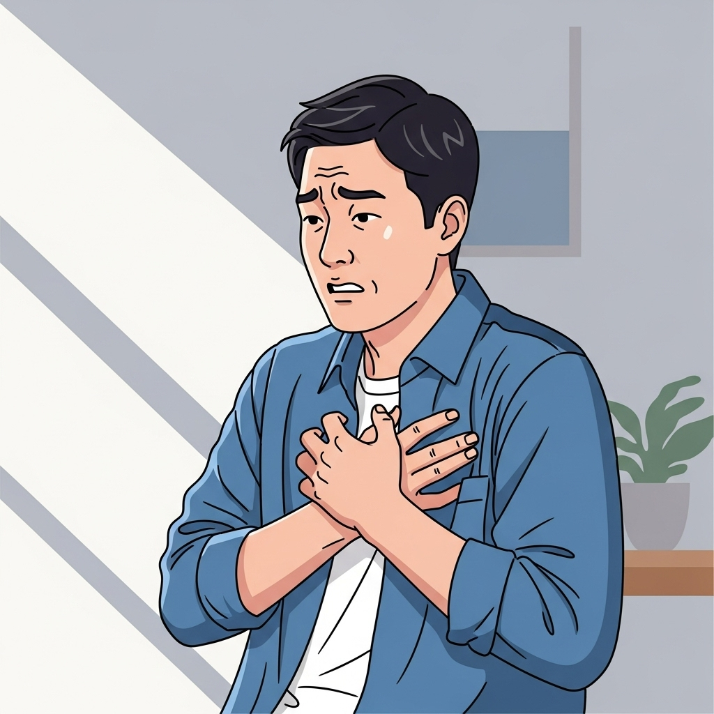 A Korean man clutching his chest in sudden pain, looking concerned and slightly in distress, depicted in a clean infographic style. The background is simple, suggesting a home or office setting. Natural lighting. No text.