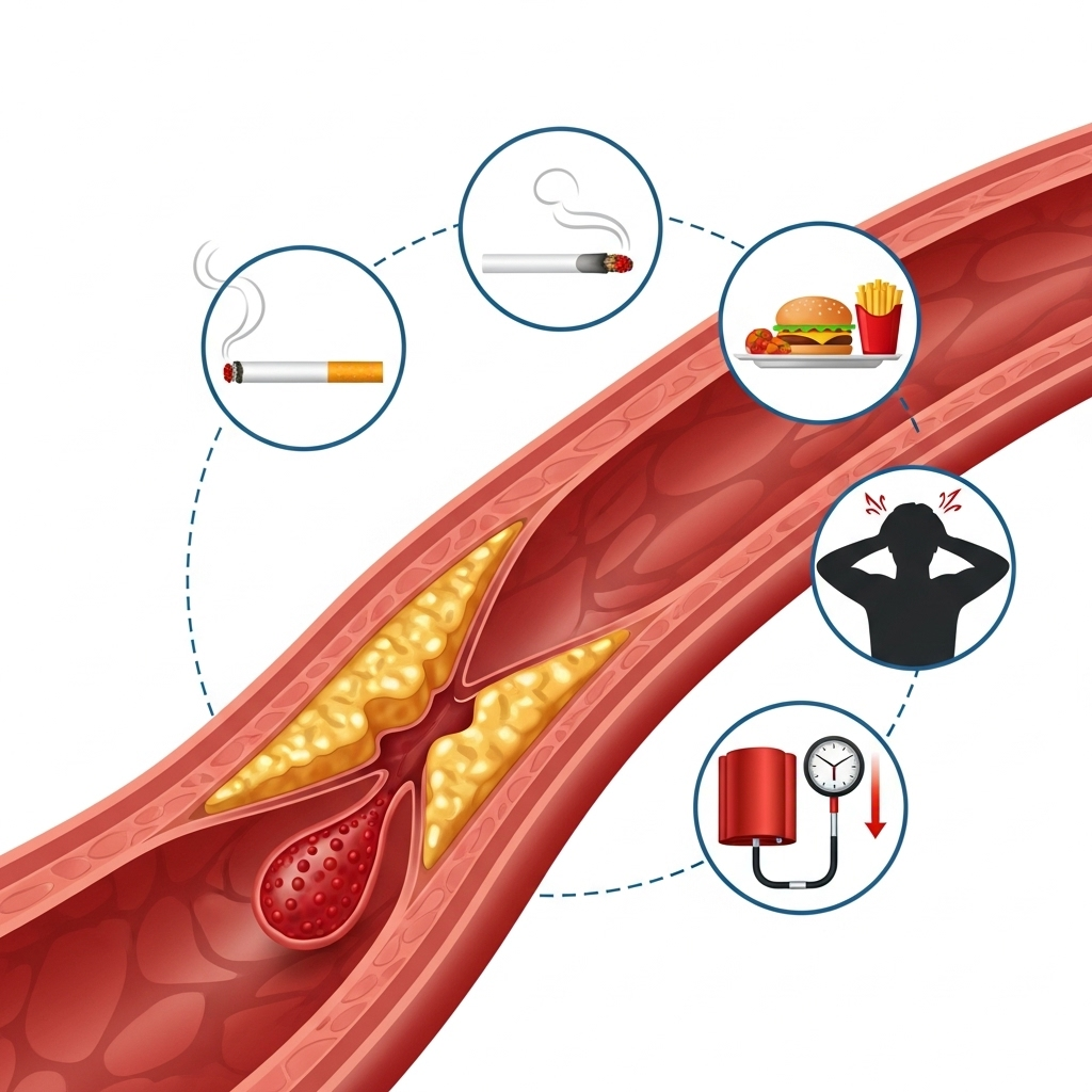 A clean infographic showing a cross-section of a coronary artery partially blocked by plaque and a blood clot. Surrounding it are icons representing risk factors: a cigarette, a high-fat meal, a person looking stressed, and a symbol for high blood pressure. No text.