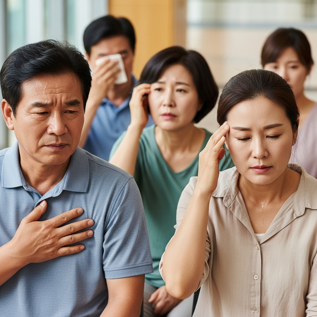 A diverse group of Korean people, including middle-aged men and women, subtly showing symptoms like chest discomfort, sweating, and dizziness in a realistic lifestyle photography style. They look concerned but not overtly distressed. Natural lighting and warm tones. No text.