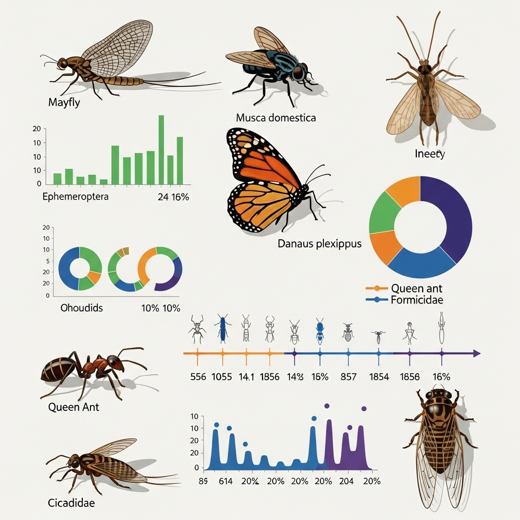 A clean infographic-style illustration showing various insects with different lifespans, featuring colorful charts and timelines comparing short-lived and long-lived insects. Natural lighting, educational design, no text.