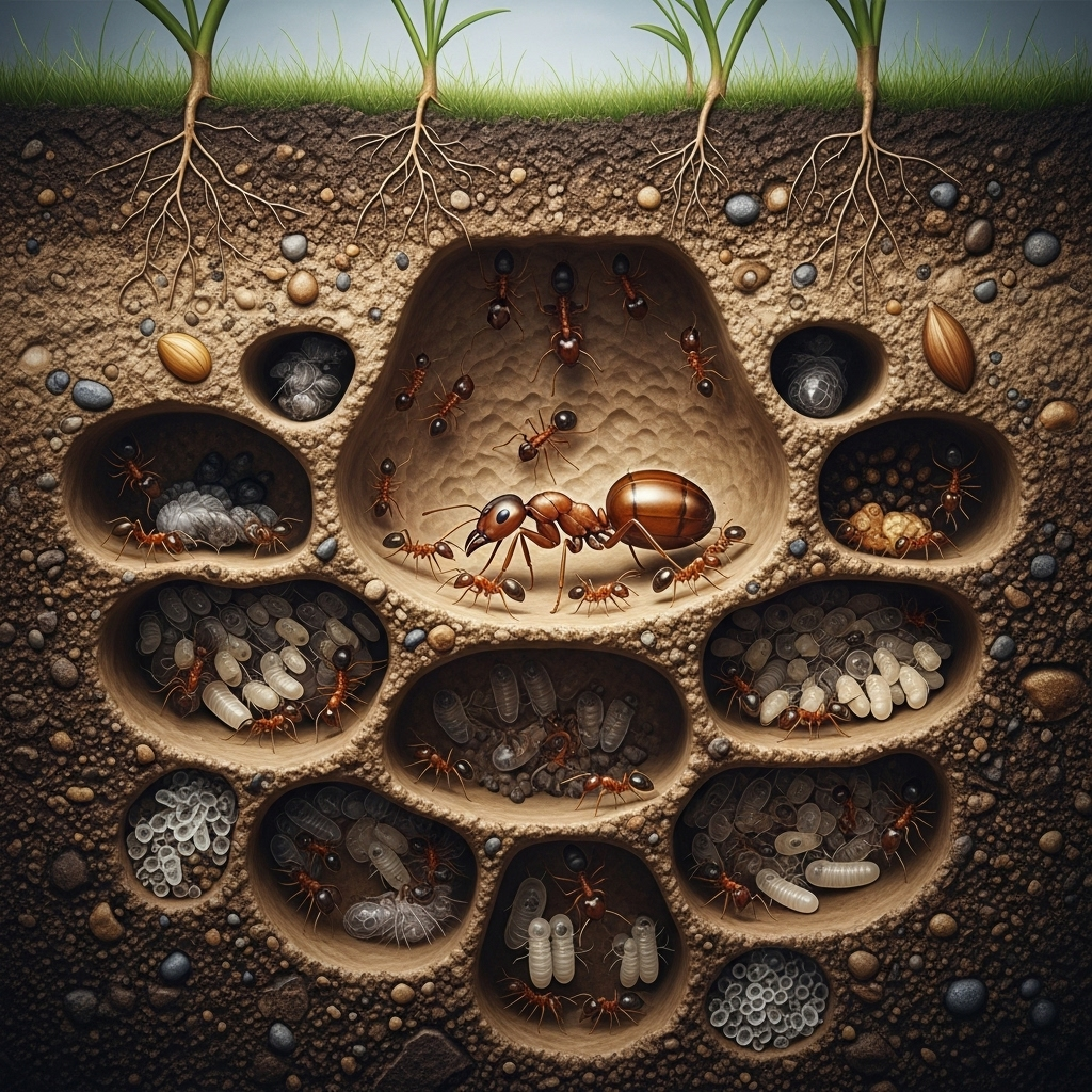 Realistic cross-section view of an ant colony showing a large queen ant surrounded by worker ants in underground chambers. Detailed tunnel system with natural earth tones and soft lighting. No text.