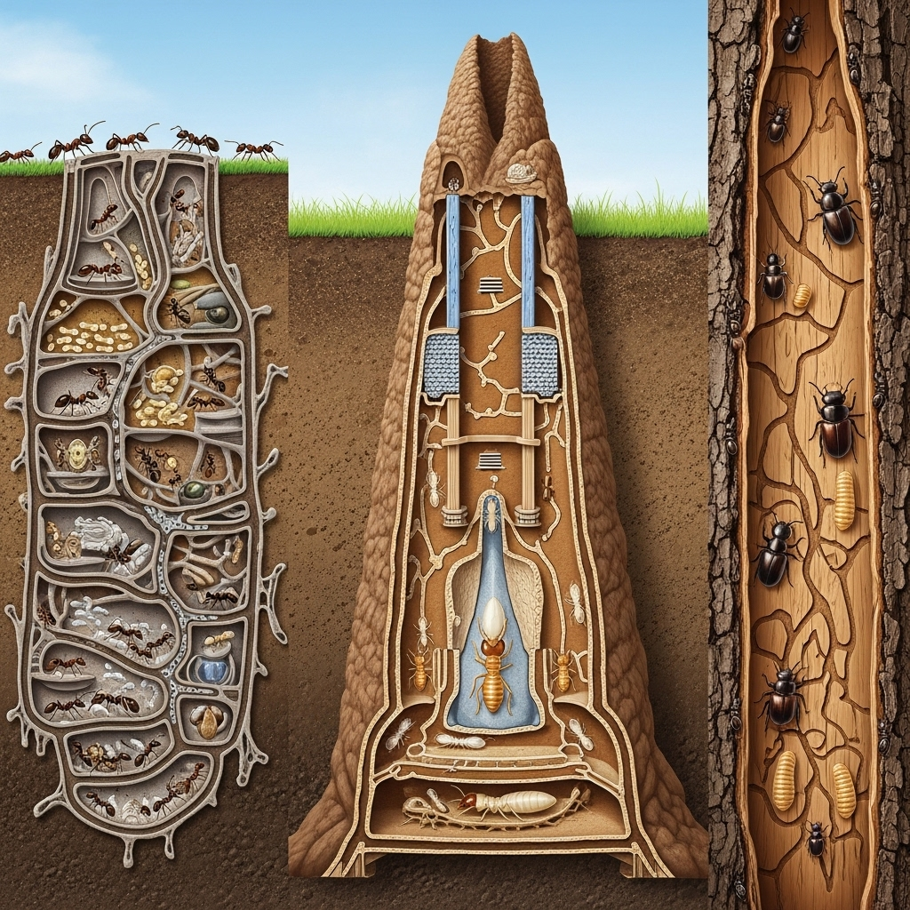 Detailed cross-section illustration showing different insect habitats - underground ant colonies, termite mounds, and tree bark beetle tunnels. Rich natural colors with educational diagram style. No text.
