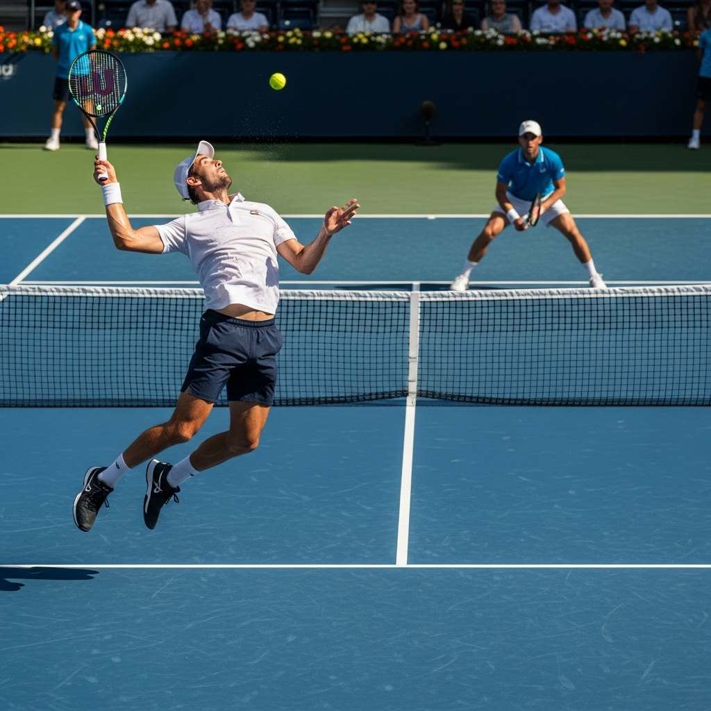 Professional tennis players on a pristine tennis court during a match, with clear court lines and net visible, natural daylight, dynamic sports photography capturing the essence of tennis competition, no text
