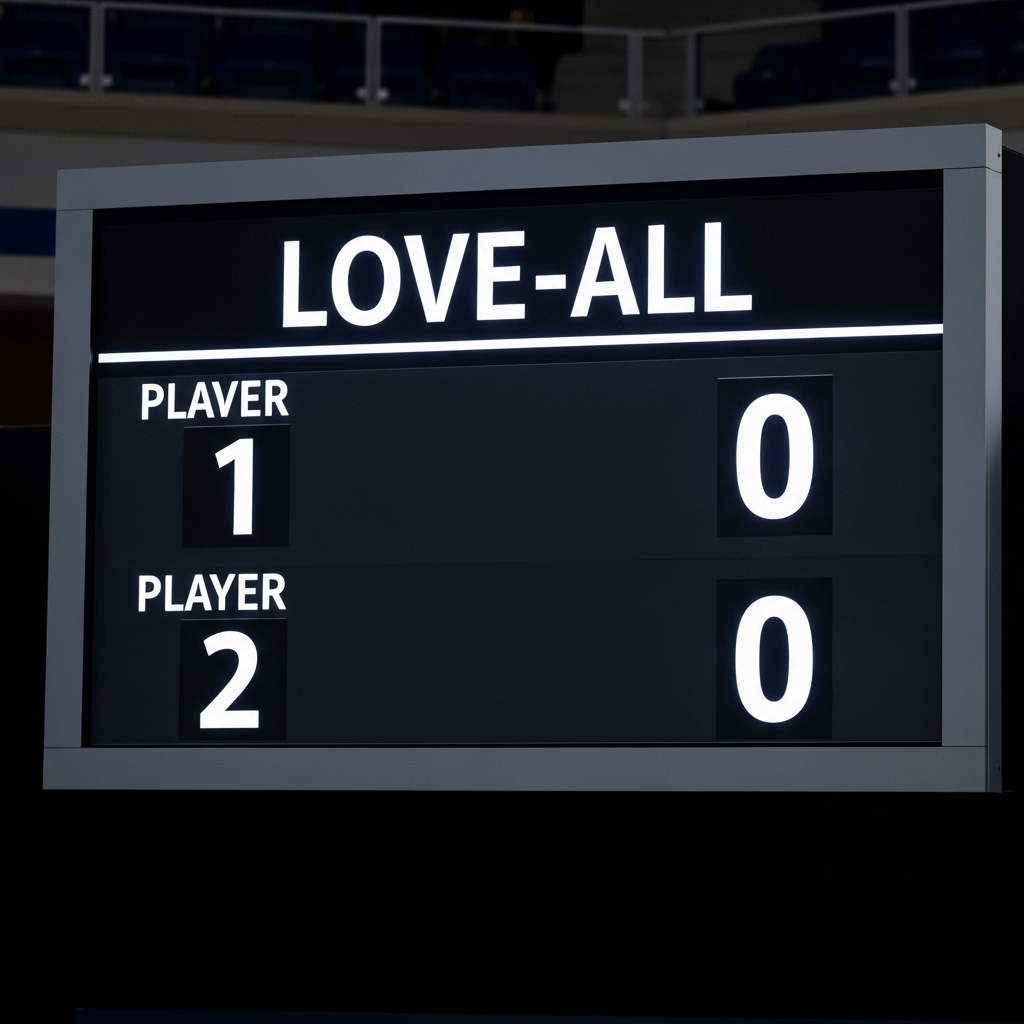 Close-up view of a tennis scoreboard showing Love-All score, clean modern design with clear numbers and text, professional tournament setting, bright lighting, no additional text