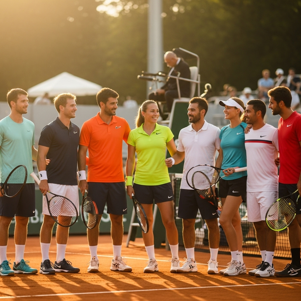 International tennis players from different countries gathered on court, diverse group showing unity in sport, multicultural tennis scene, warm natural lighting, professional sports photography, no text