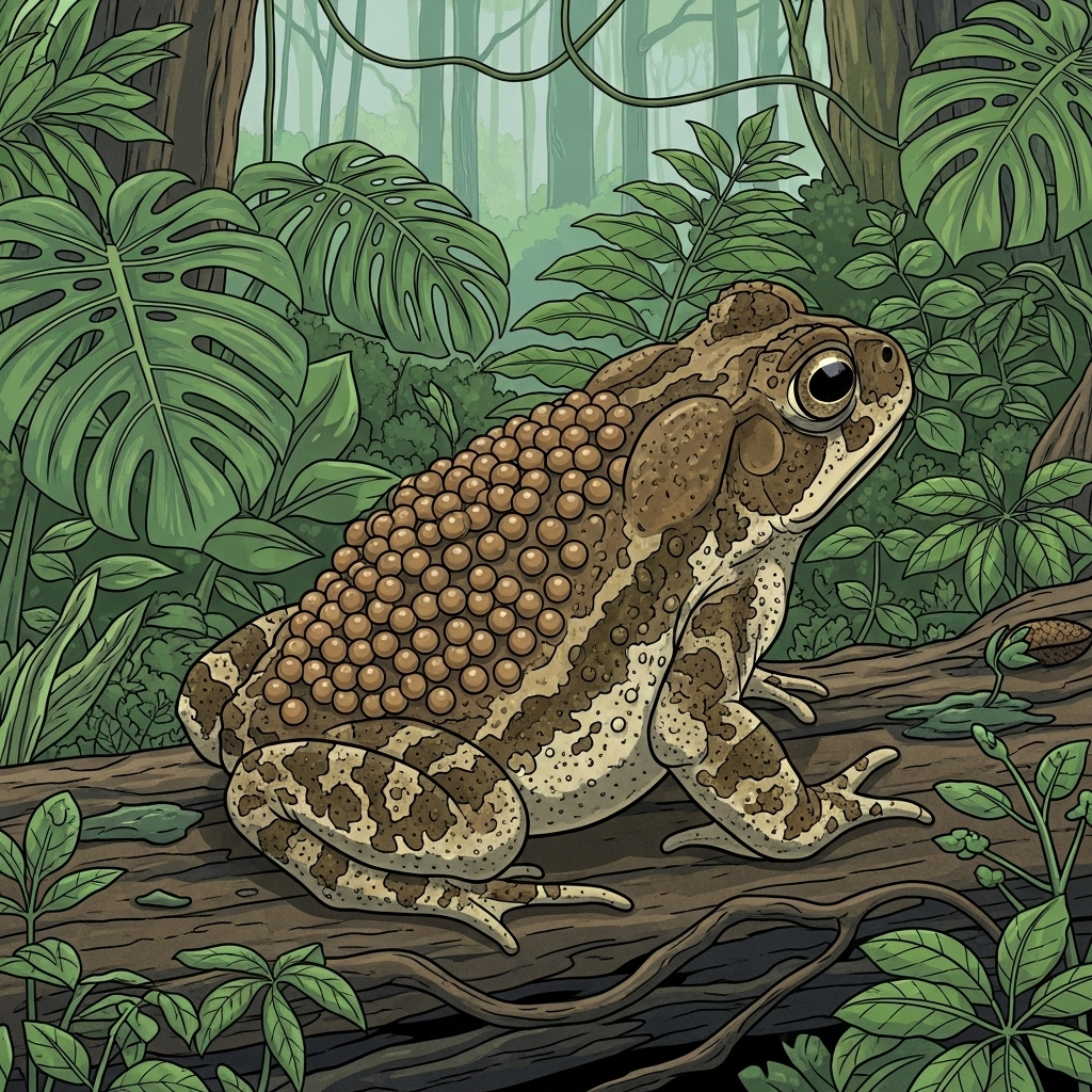 A vibrant and detailed infographic-style illustration of a Suriname toad with small bumps on its back, indicating eggs, surrounded by lush, green tropical rainforest plants. The toad is subtly camouflaged. Natural lighting, clean infographic style. No text.