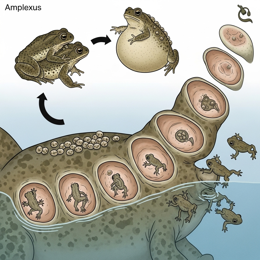 Detailed clean infographic showing the life cycle of a Suriname toad, specifically focusing on the female's back where eggs are embedded. Illustrate the process from mating to the emergence of toadlets from her back. Use clear, educational visuals and natural colors. No text.