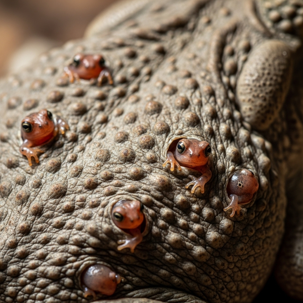 A dramatic and realistic close-up lifestyle photography shot of a Suriname toad's back, with several tiny, fully-formed toadlets emerging from the skin pores. Emphasize the texture of the skin and the delicate appearance of the toadlets. Natural lighting, focus on the unique hatching. No text.