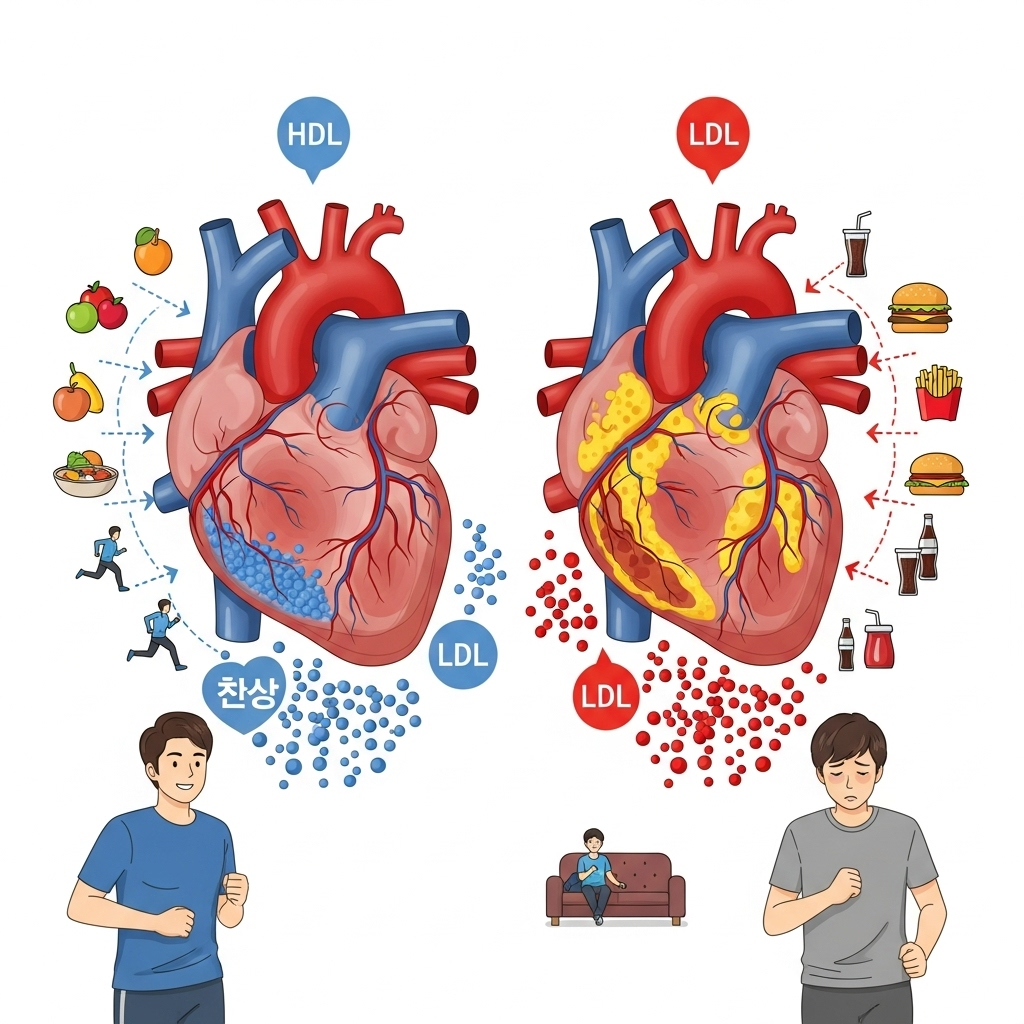 An infographic showing a healthy heart versus a heart with high cholesterol, illustrating good and bad cholesterol levels. Clean infographic style, no text, with a focus on human health and cardiovascular system. Korean people.