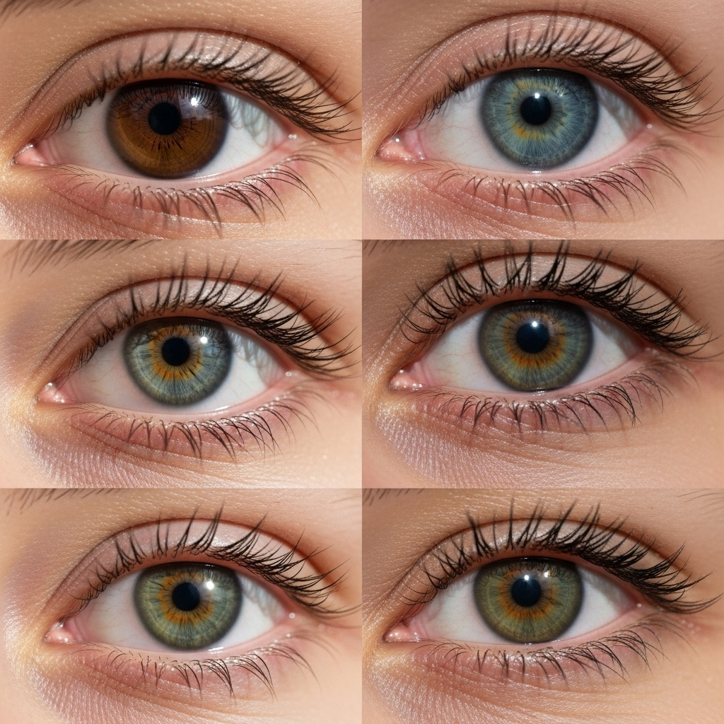 Close-up photography of diverse people's eyes showing different eye colors including brown, blue, green, and hazel. Natural lighting, shallow depth of field, realistic details of iris patterns. Multiple faces arranged in artistic composition, lifestyle photography style, no text.