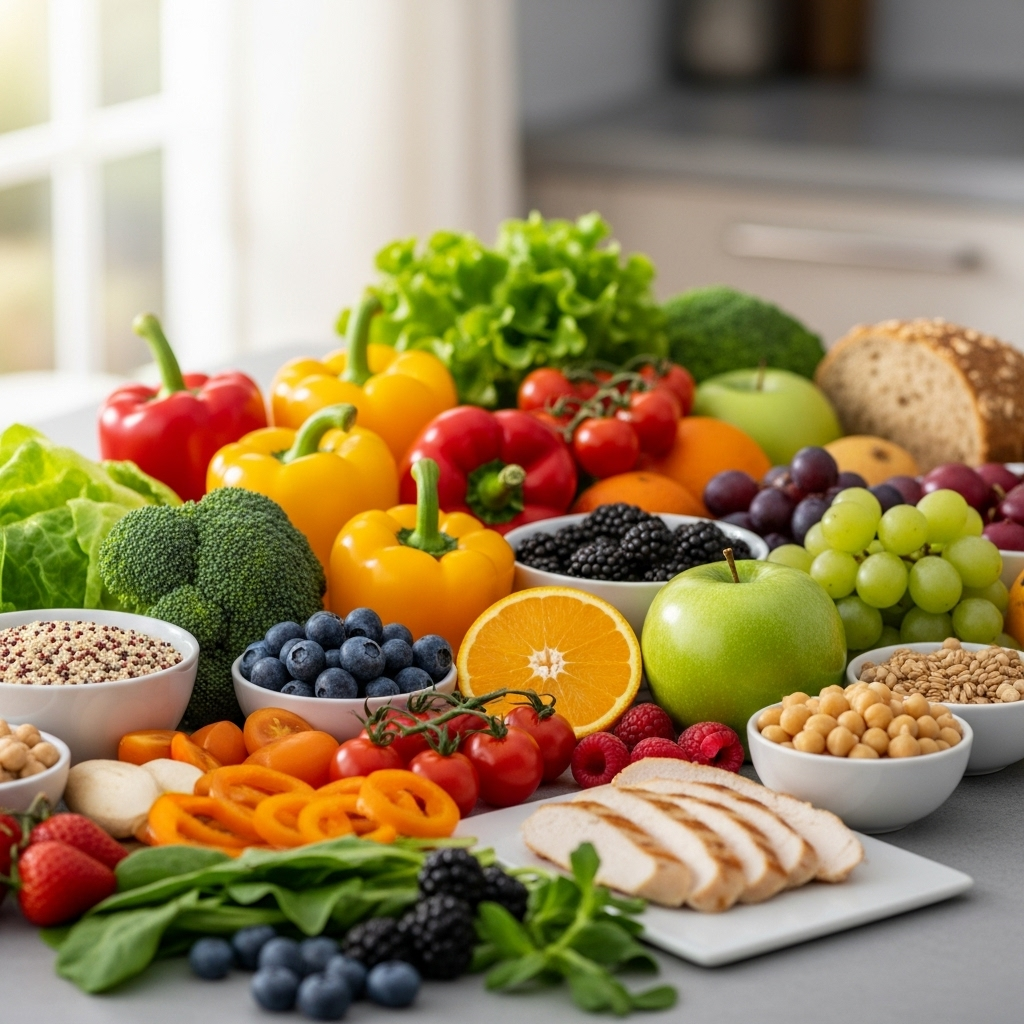 A vibrant lifestyle photography image showing a diverse array of healthy foods like colorful vegetables, fruits, whole grains, and lean protein on a kitchen counter, suggesting a balanced diet. Soft natural lighting, no text.