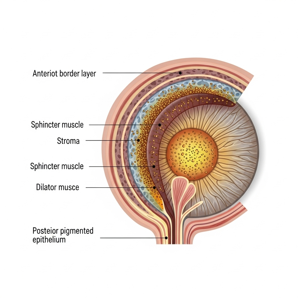 Scientific illustration of human iris cross-section showing melanin pigment distribution. Clean infographic style with anatomical details, showing different layers of the iris. Educational diagram with natural colors, clear visualization of melanin particles, no text.