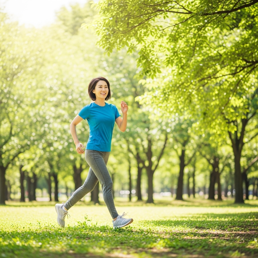 A bright lifestyle photo of a Korean person (mid-30s) briskly walking or jogging outdoors in a park, enjoying the activity. Emphasize movement and a healthy, active lifestyle. Sunny day, green background, no text.